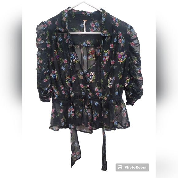 Free People Black Floral Embroidered Blouse - Picture 1 of 9